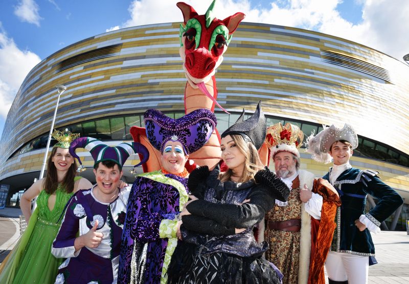 Sleeping Beauty cast with dragon outside Derby Arena